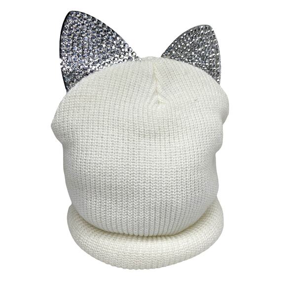 Cat Ear Beanie Rhinestone and Mirror Ears Ivory Colored OS - Picture 5 of 5